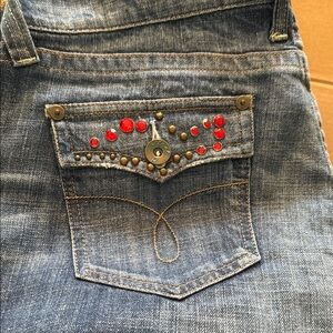 Stylish Blue Jeans with Red Accents Petrol bootcut western cowgirl jeans sz 14